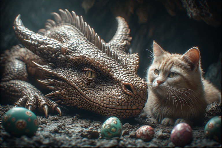 A scaly dragon rests beside a curious cat in a rocky cave with colorful Easter eggs.