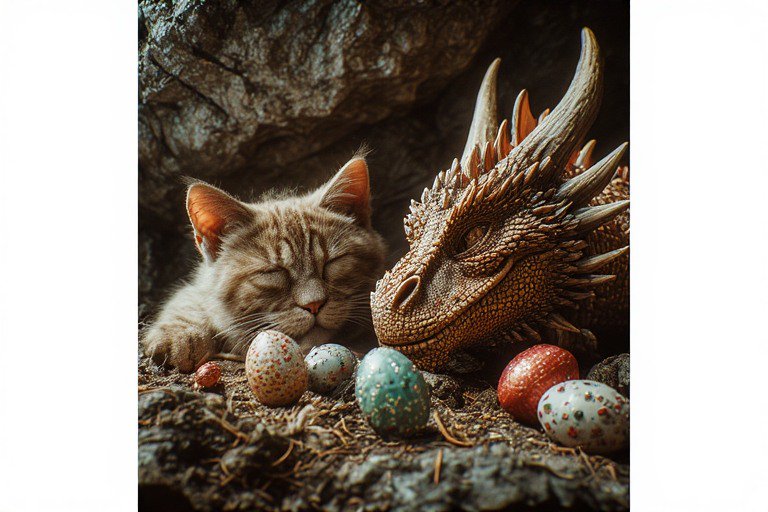 Sleeping cat beside a dragon statue with colorful speckled eggs