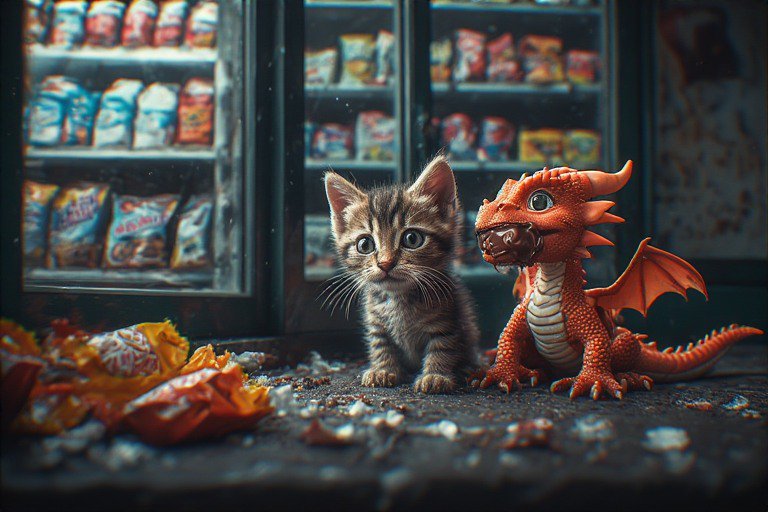 A curious kitten beside a red dragon toy in a cluttered shop doorway.
