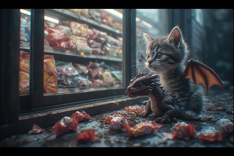 Kitten with a tiny dragon toy beside a shop window display of snacks.