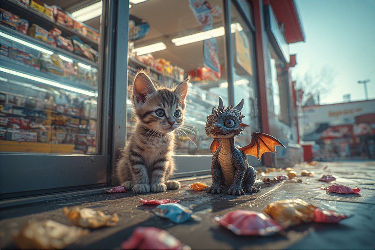 Curious kitten beside a toy dragon outside a store, colorful candy wrappers scattered nearby.