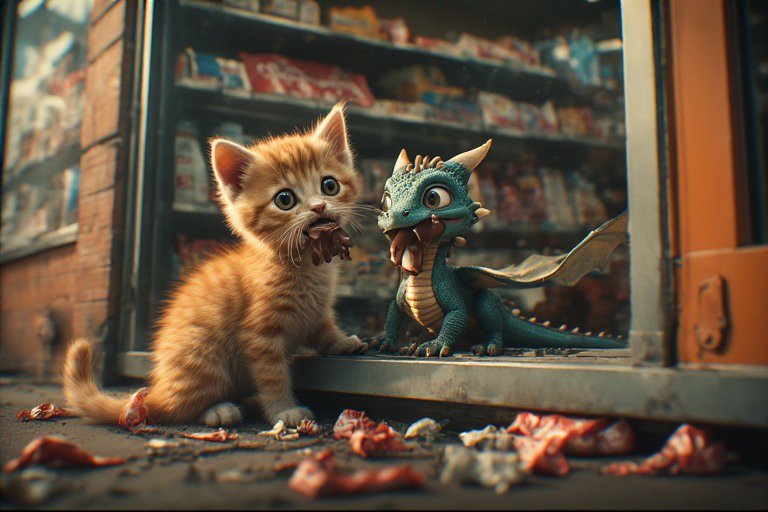 Orange kitten beside a blue toy dragon outside a storefront with scattered meat scraps.
