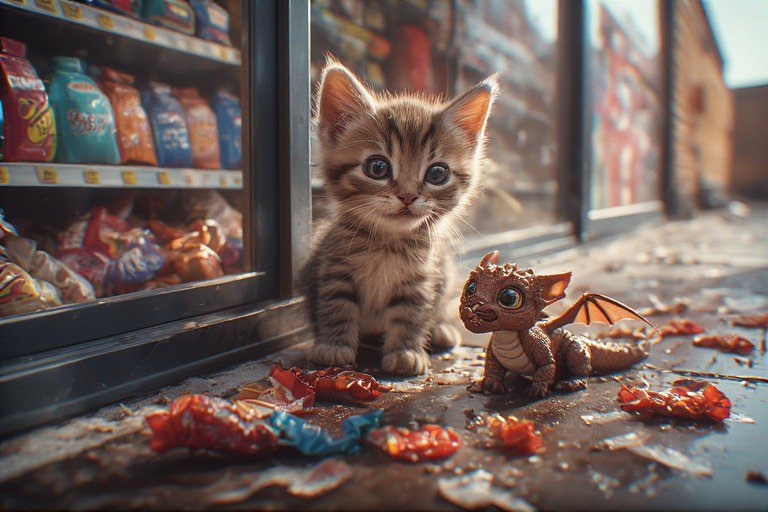 Adorable tabby kitten beside a small dragon toy on a city sidewalk near a store window.