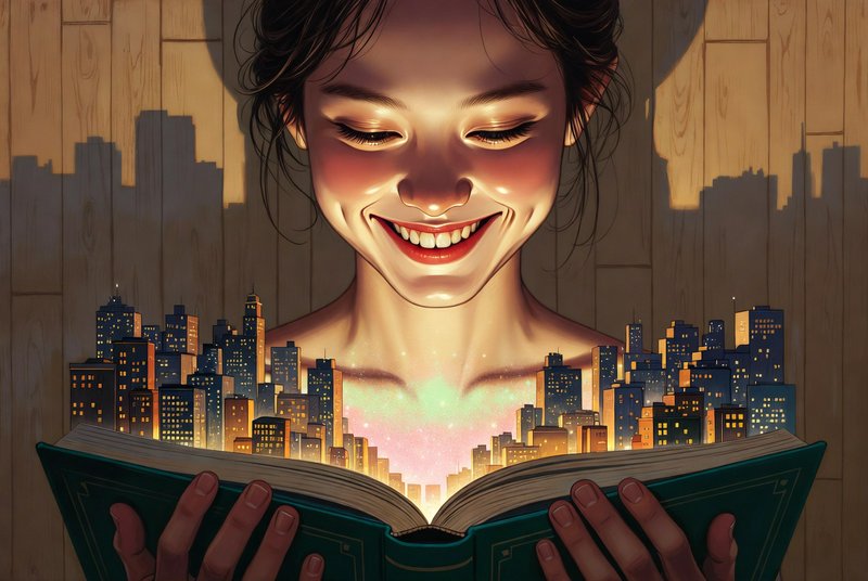 Illustrated woman reading a book with a glowing city skyline rising from its pages.