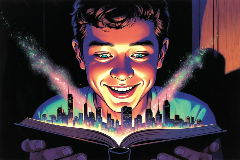 A smiling boy reading a book with a glowing, bursting city skyline emerging from its pages.
