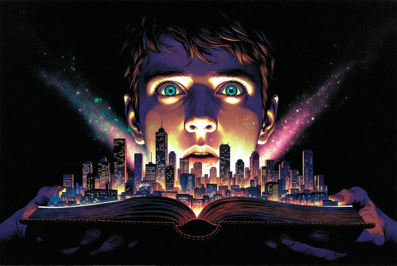 A surreal illustration of a boy’s face emerging from an open book with a glowing neon cityscape.