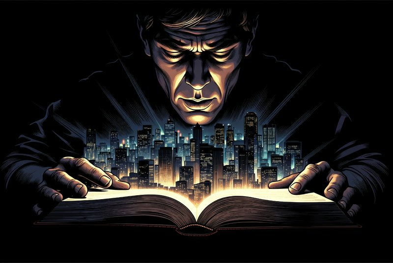 Illustration of a serious man reading an illuminated book with a glowing city skyline rising from...