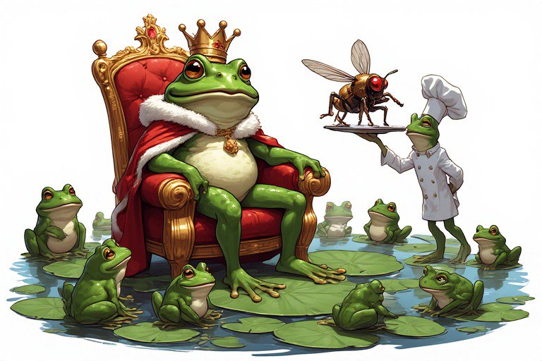 Regal green frog king on a gilded throne among lily pads, with a chef frog presenting a fly dish.