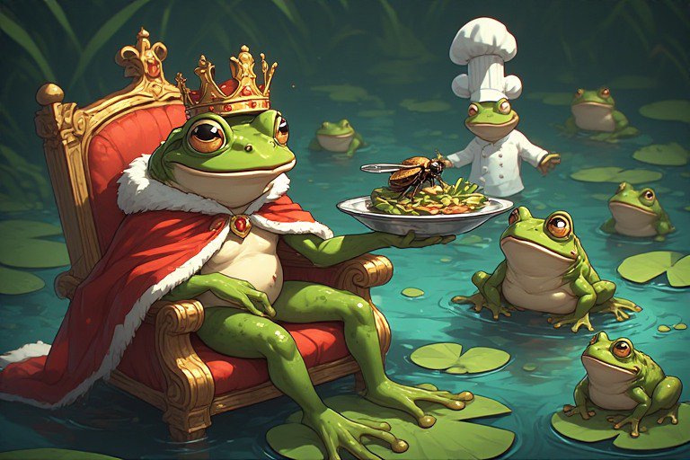 A regal green frog king wearing a crown and cape sits on a gilded throne in a pond, served by a c...
