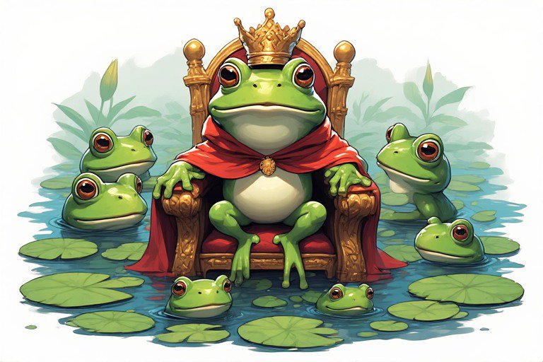 A cartoon frog king on a throne wearing a crown and red cape among lily pads with frog subjects.