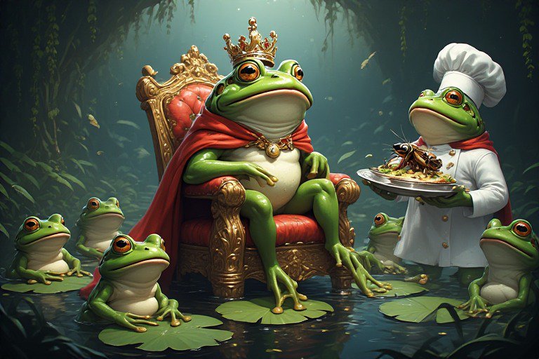 Anthropomorphic frogs in a royal swamp: crowned frog on a throne with a chef presenting a plated ...