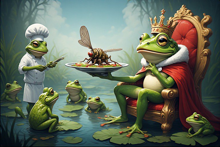 Green frog king on an ornate throne receiving a plated dish from a frog chef in a swamp setting