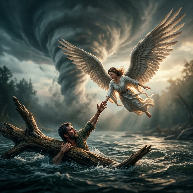 Angel with outstretched wings rescues a man clinging to a log in a turbulent river.