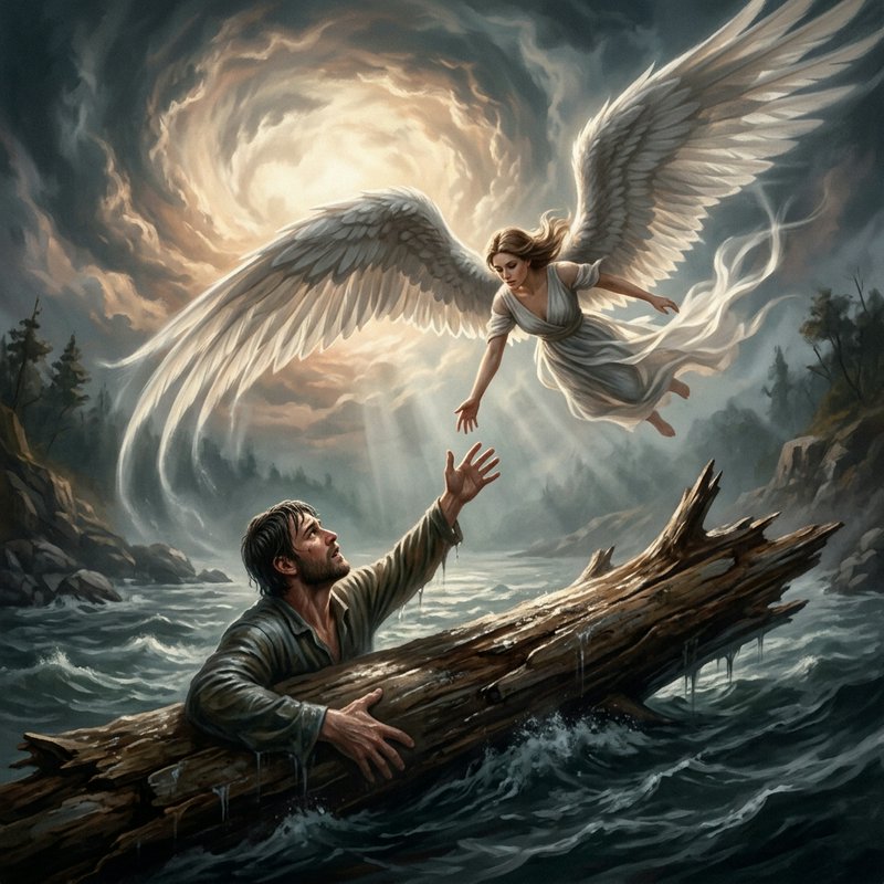 Man on a log reaching upward as a white-winged angel descends through a stormy sky toward him.