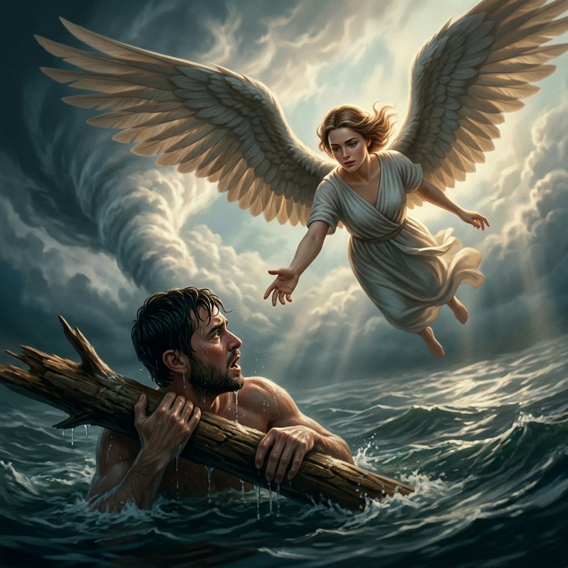 Man clings to a log in turbulent sea as an angelic figure descends from the clouds to rescue him