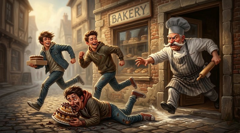 A humorous street chase outside a bakery as three young men flee a baker wielding a rolling pin.