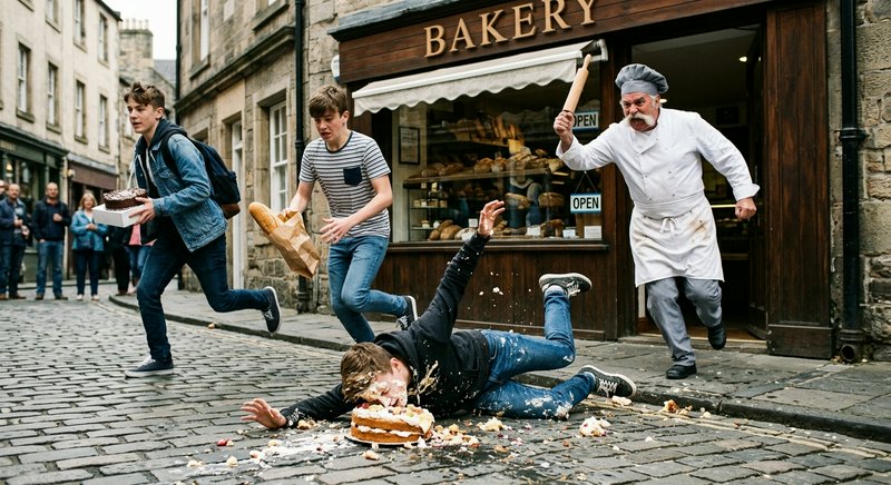 Cobbled street outside a bakery with a cake fight; people run as a chef chases them.