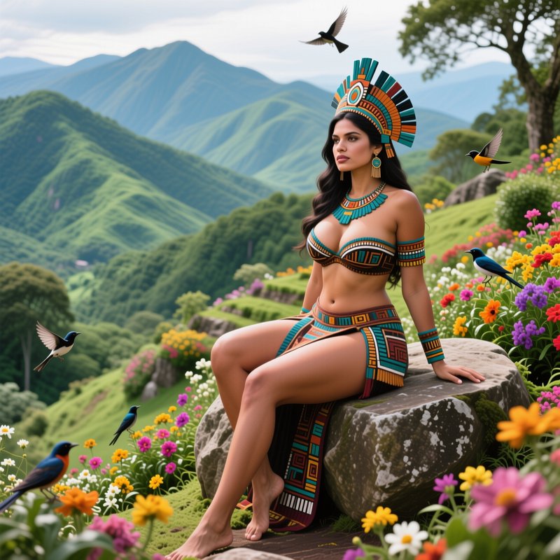 Indigenous woman in Aztec-style traditional regalia sits on a rock in a lush mountain wildflower ...