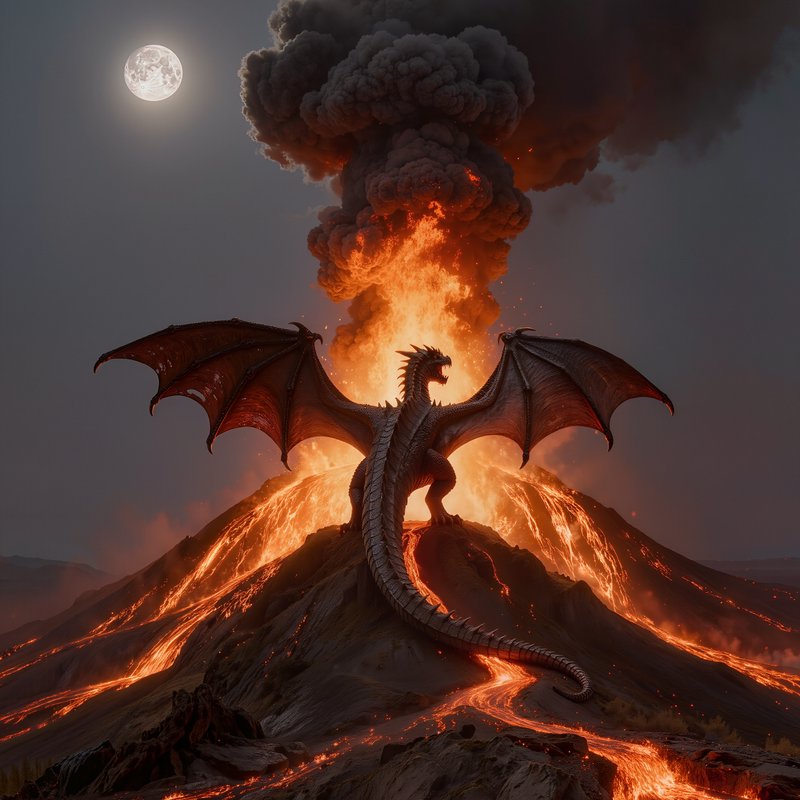 Large dark fantasy dragon perches atop an erupting lava-spewing volcano under a glowing full moon...