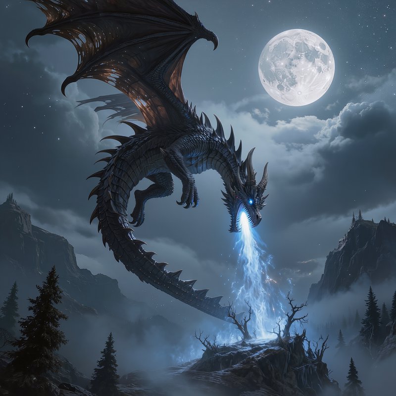 Armored black fantasy dragon breathes blue lightning over misty mountains under a bright full moo...