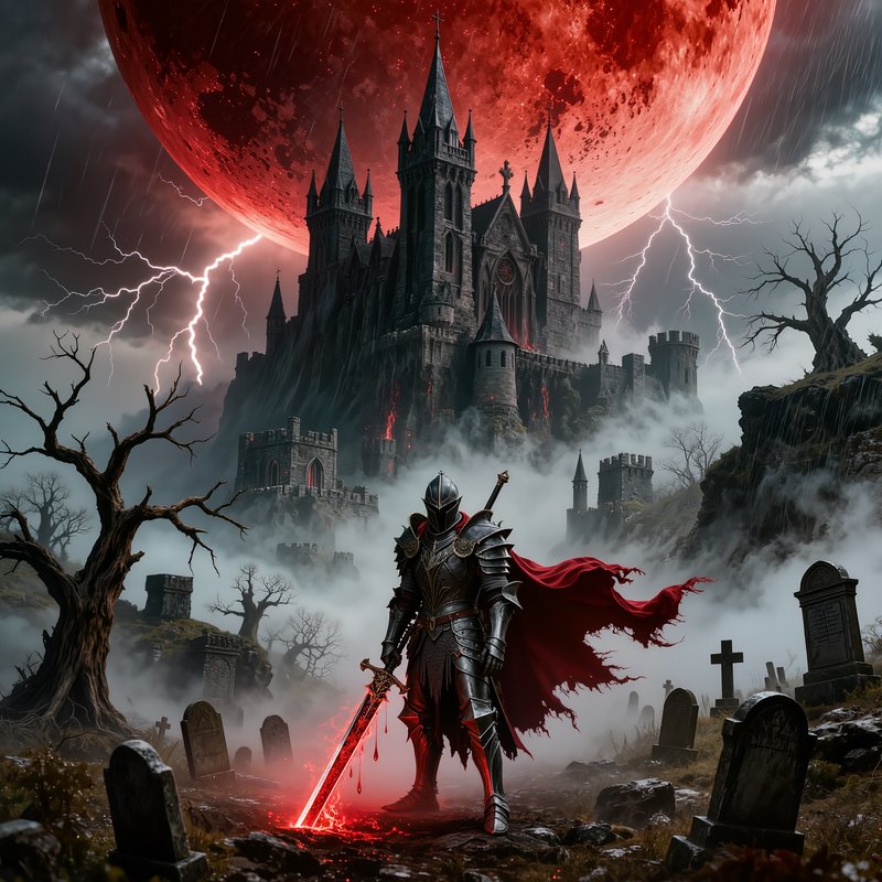 Armored knight with glowing red sword stands in a misty graveyard, before a gothic castle under a...