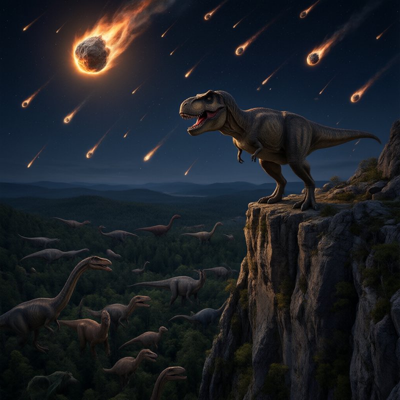 Tyrannosaurus rex stands on a rocky cliff as fiery meteors fall during the dinosaur extinction ev...