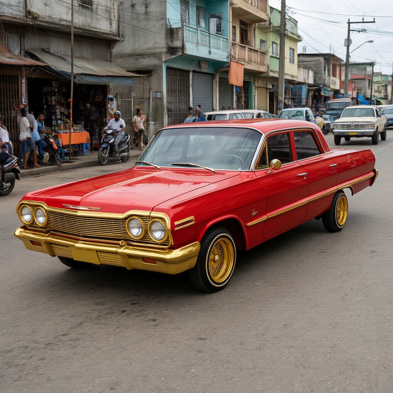 [Glossy red vintage lowrider sedan with gold trim and wire wheels cruising on a busy urban neighborhood street]