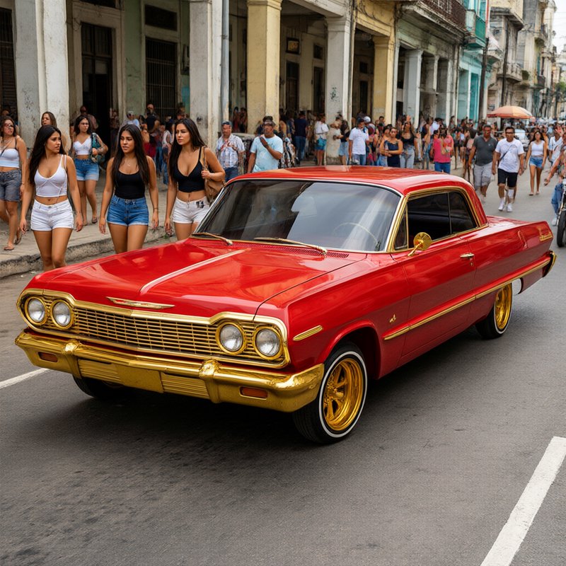 Glossy red custom vintage lowrider with gold trim parked on a busy historic city street alongside...