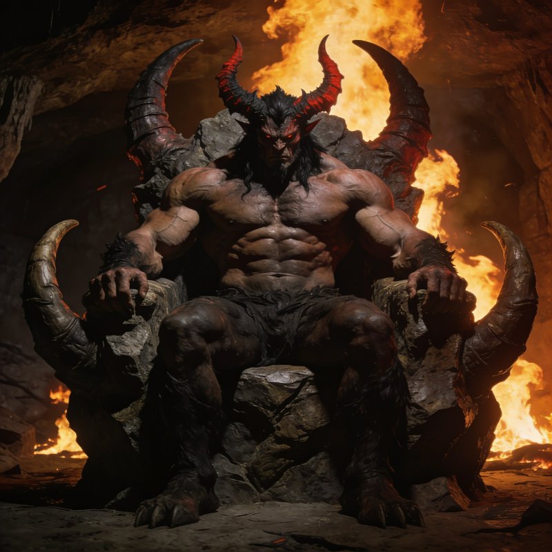 Muscular horned demon king sits stoically on a horned stone throne, surrounded by roaring fire in...