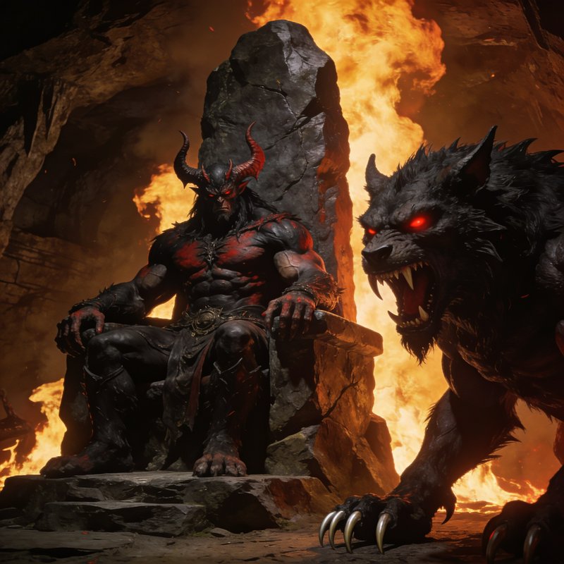 Muscular horned demon lord sits on a jagged stone throne beside a snarling red-eyed hell hound in...