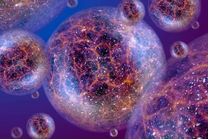 Macro view of iridescent, bubble-like cells with starry, nebula-like textures in a purple-blue ba...