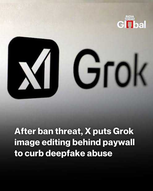 Close-up of the X logo with the word "Grok" on a blurred background and a news watermark.