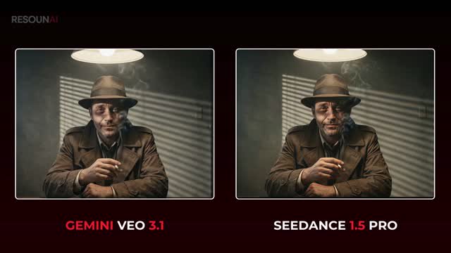 Man in a trench coat and fedora under a hanging lamp, two framed portraits side by side.