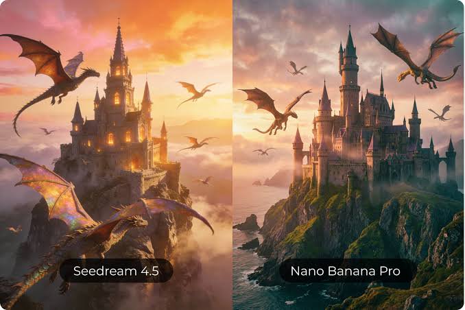 Fantasy castle on cliffs with dragons flying at sunset, split-screen comparison of two AI art sty...