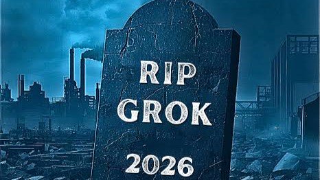 Tombstone reading "RIP GROK 2026" with a blue-toned factory skyline in a gloomy post-apocalyptic ...