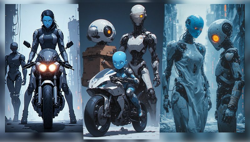 Futuristic city scene with humanoid robots and riders on motorbikes in blue tones.