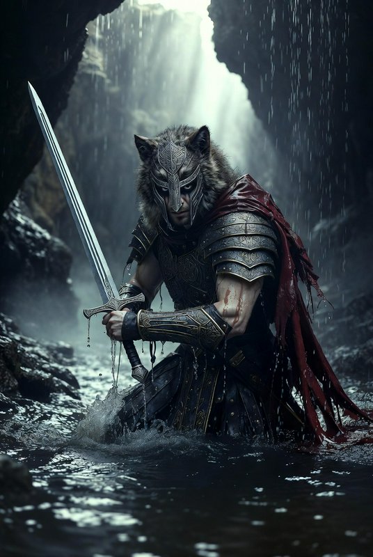 Warrior in wolf-helm armor with a gleaming sword, kneeling in a rain-soaked cavern.