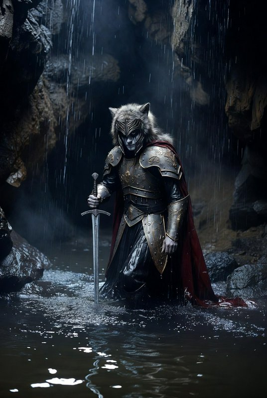 Wolf-headed armored warrior standing knee-deep in a rain-filled cave pool with a sword
