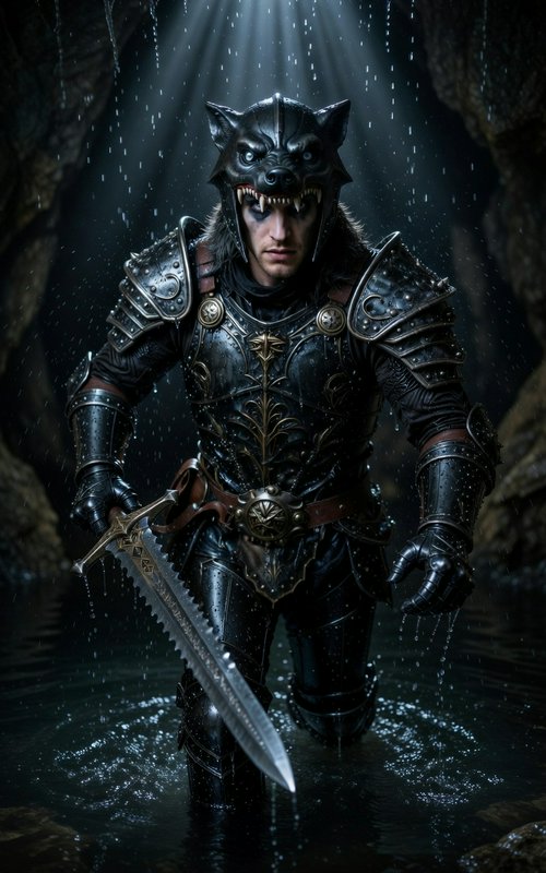 Dark armored warrior with a sinister wolf-head helm wading through water in a dim cavern.