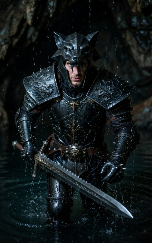 Dark fantasy knight in ornate wolf-helmed armor wading through rain with a large ornate sword
