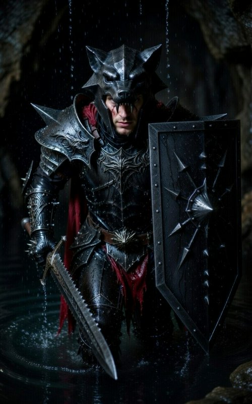 Dark fantasy knight in spiked armor wielding a sword and shield amid rain