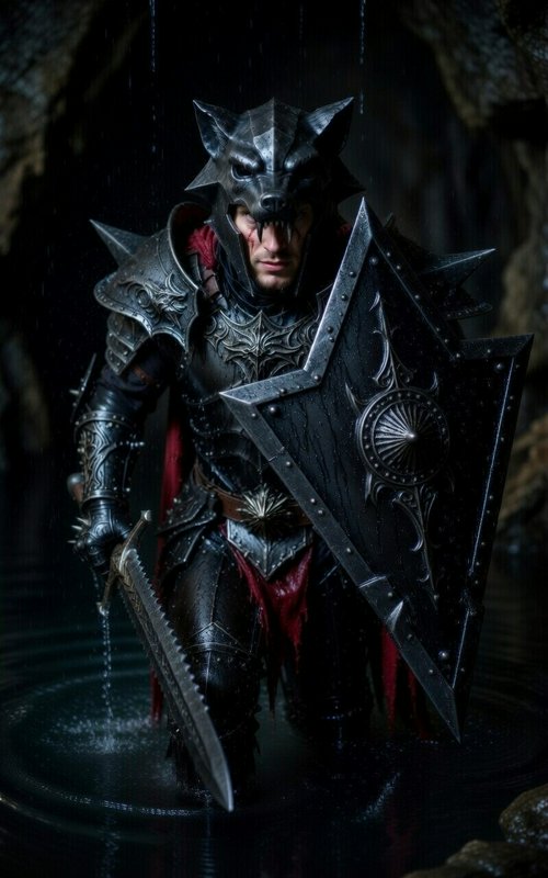 Dark fantasy knight in bat-themed armor with shield and sword in the rain