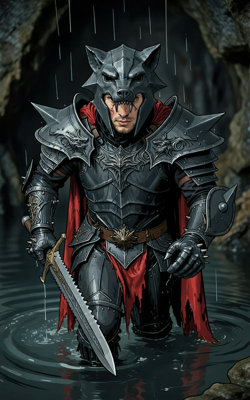Dark armored warrior with a jagged wolf helm stands in rain, sword drawn, wading in water.
