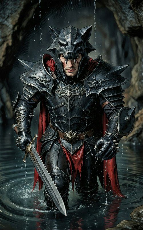 Dark fantasy knight in spiked black armor wading through water with a fearsome horned helm and sword.