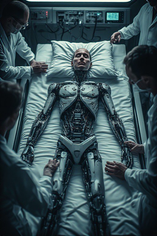 Humanoid robot on a hospital bed being examined by doctors in a high-tech, sterile setting.