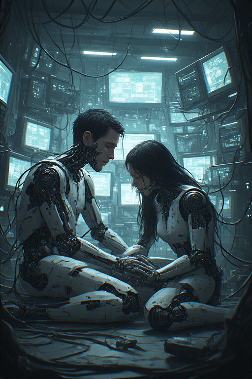 Two humanoid robots sit cross-legged in a dim lab filled with monitors and tangled cables.