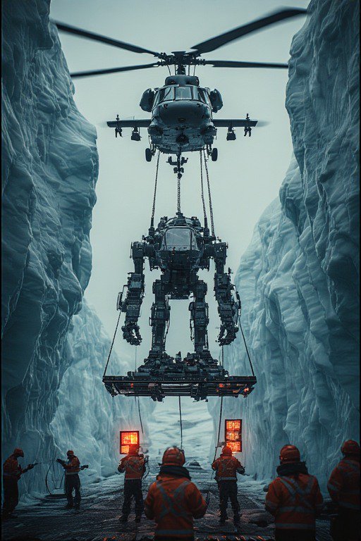 Military helicopter hoisting a large robotic mech in a icy glacier canyon with workers below.