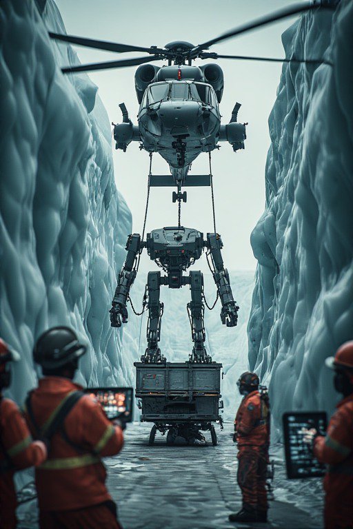 Helicopter hovering in an icy crevasse lifting a robotic exoskeleton with workers watching.