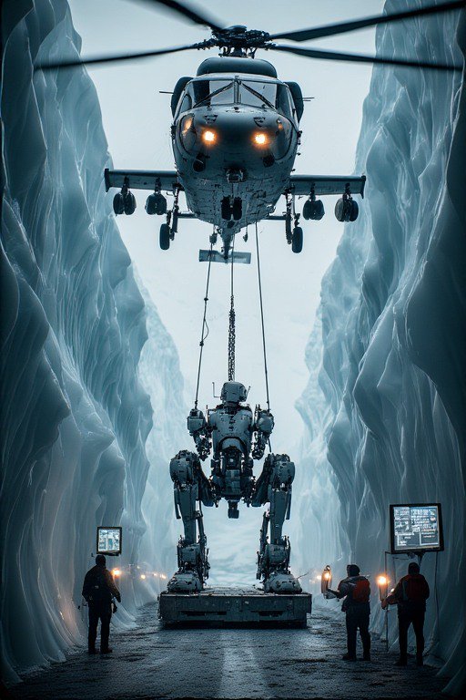 Military helicopter hoists a large robotic exoskeleton inside a frozen ice cavern
