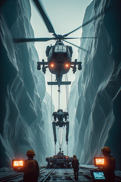 Helicopter lowering heavy equipment between narrow canyon walls with workers guiding below.
